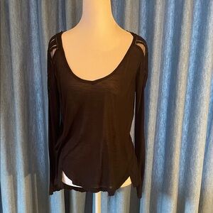Free People Black Long-Sleeve Scoop Neck Top with Shoulder Cutouts